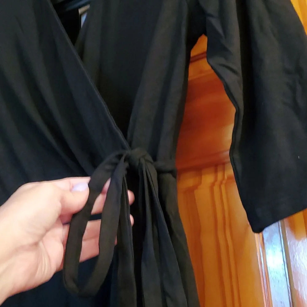 Wrap Dress Women Casual V Neck Black Party Swing A-Line Faux  MED - Picture 6 of 6